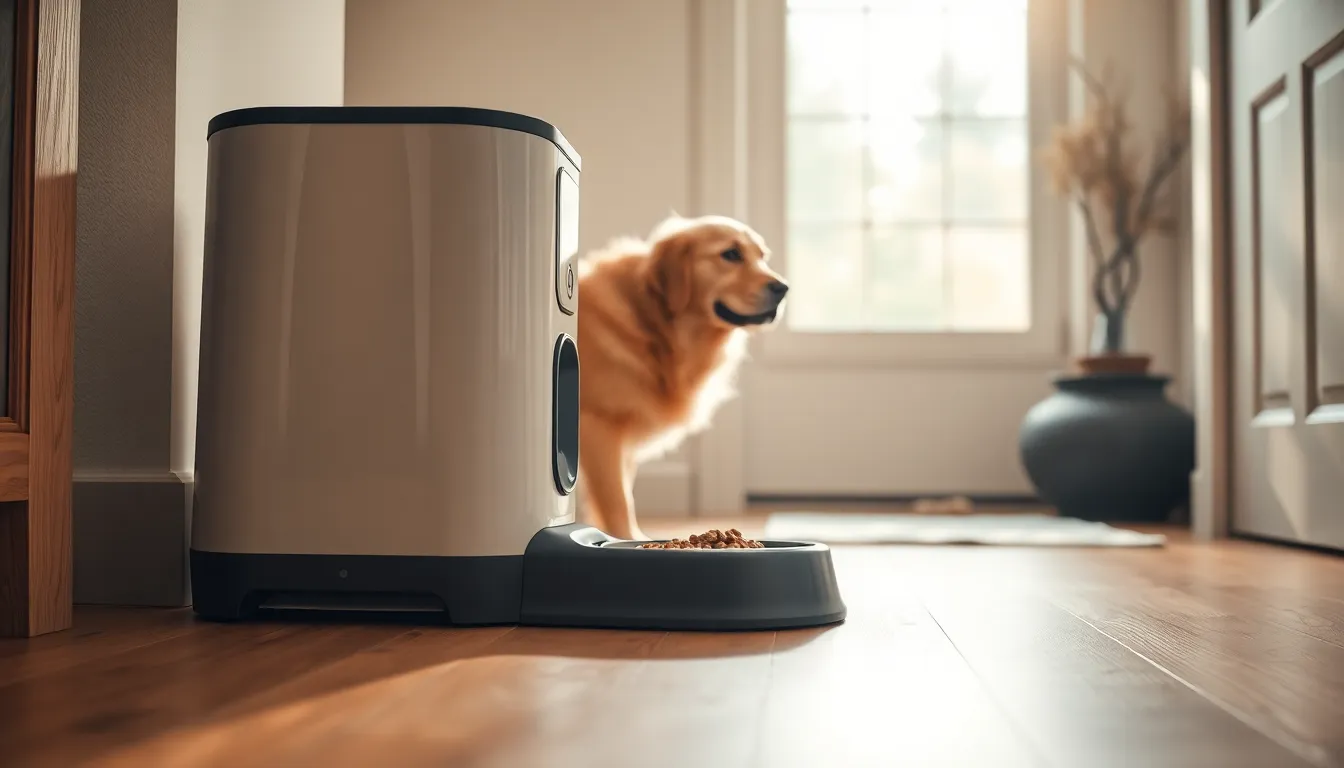 귀여운 강아지가 자동 급식기에서 밥을 먹는 모습