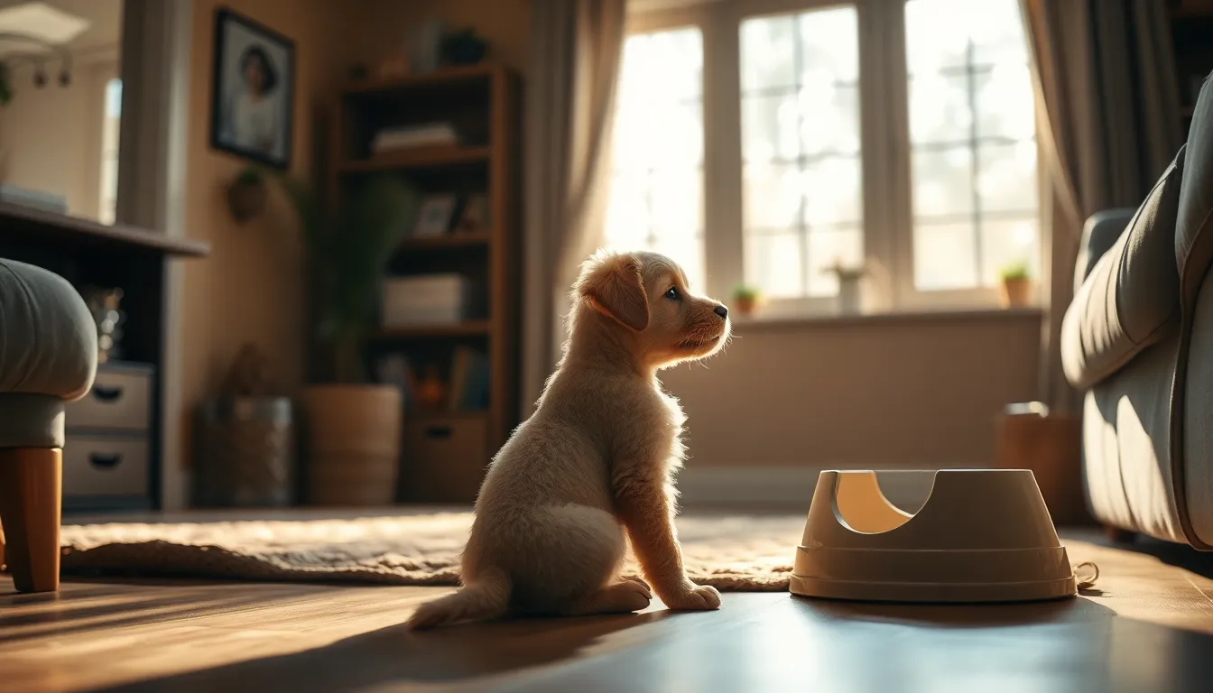 강아지 배변 훈련 성공 후 기뻐하는 보호자와 강아지