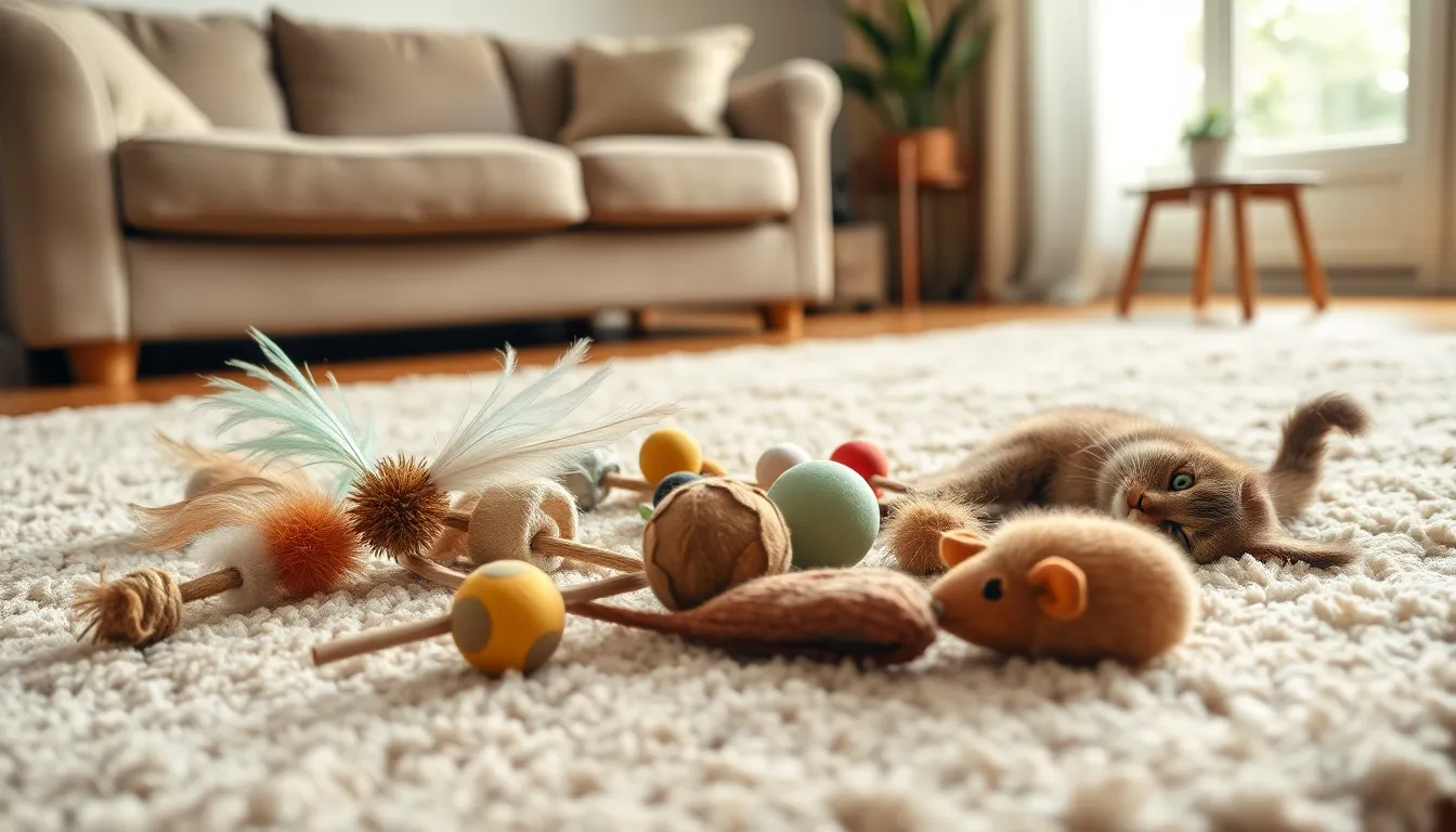 다양한 고양이 장난감들이 놓여 있는 모습