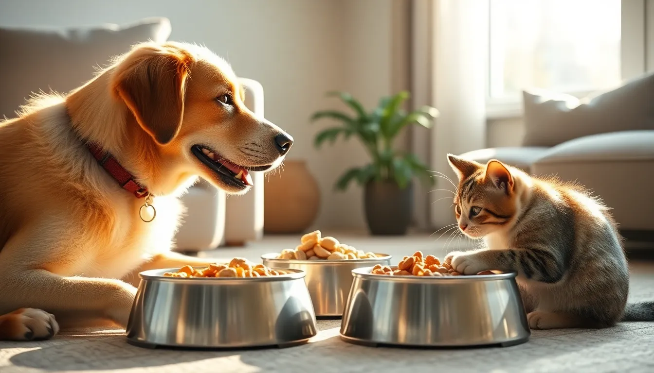 강아지와 고양이가 행복하게 사료를 먹는 모습