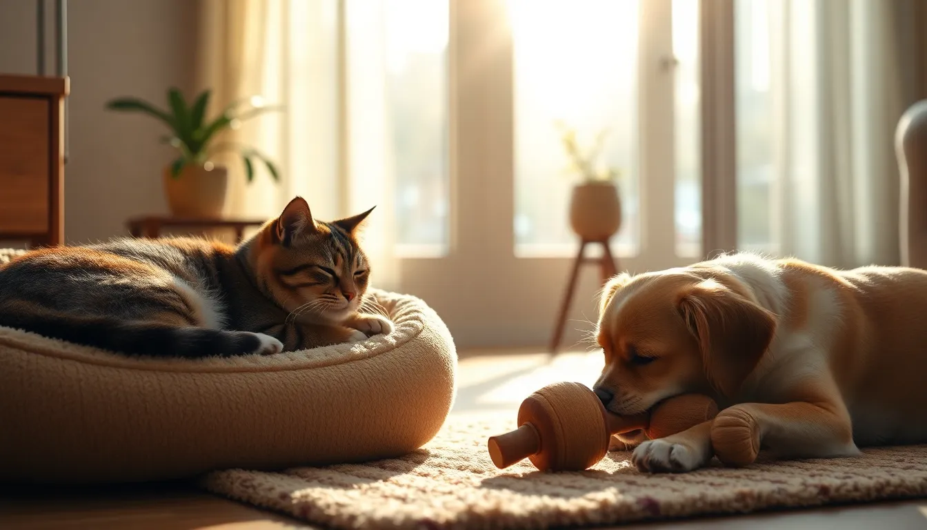 강아지와 고양이가 함께 놀고 있는 모습
