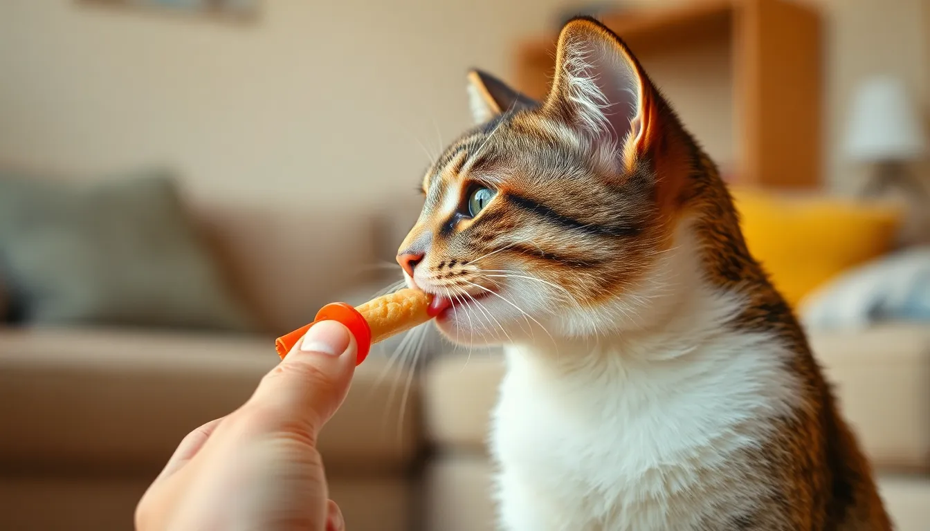 츄르를 맛있게 먹고 있는 고양이 이미지