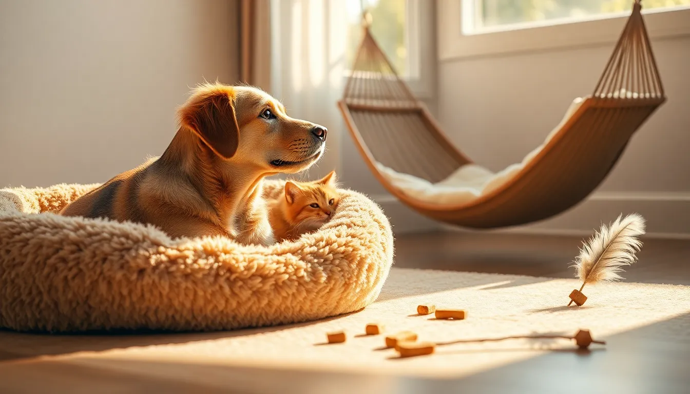 행복하게 놀고 있는 강아지와 고양이