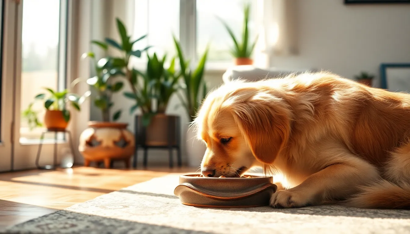 행복한 강아지가 사료를 먹고 있는 모습