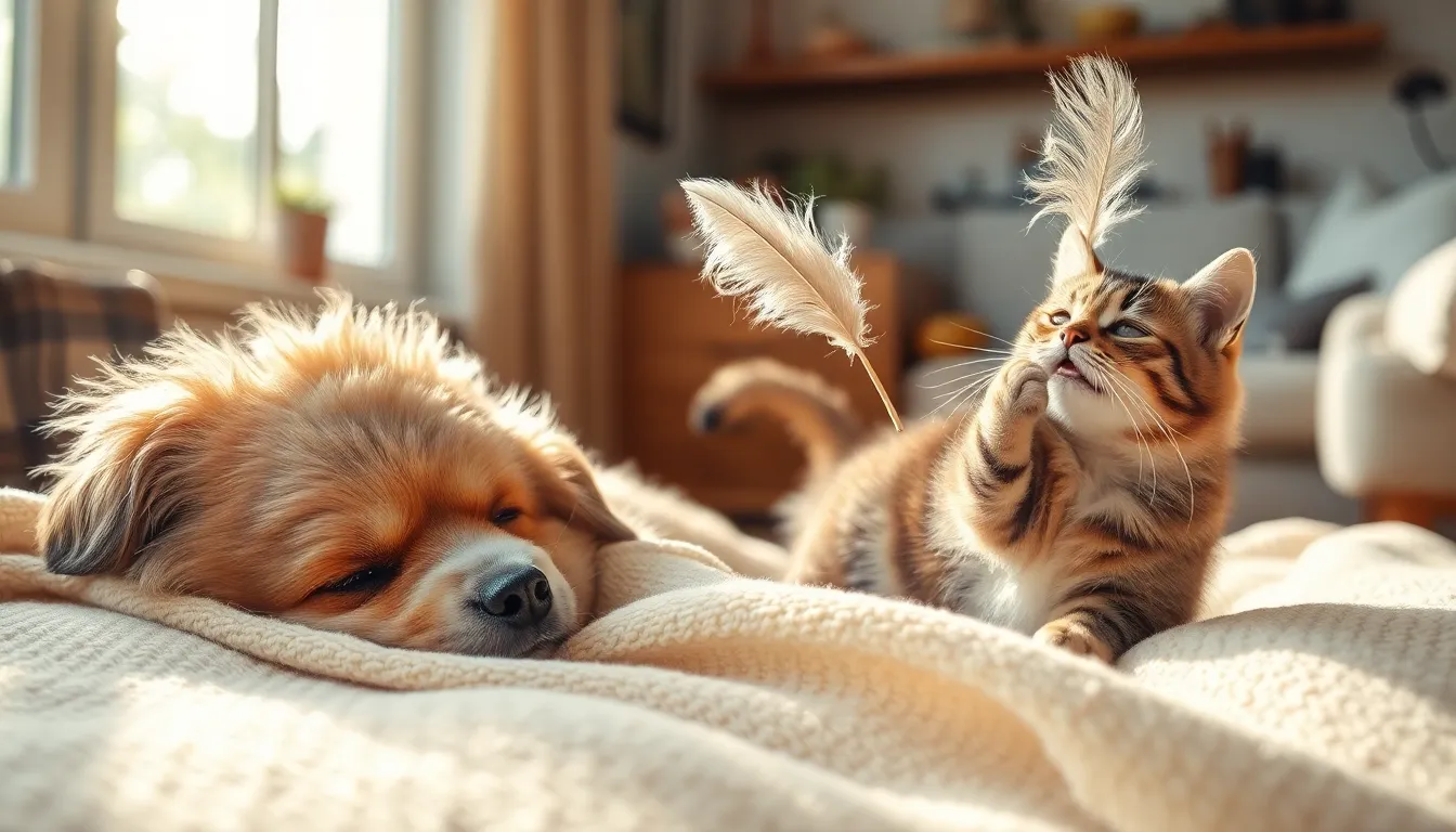 놀고 있는 강아지와 고양이