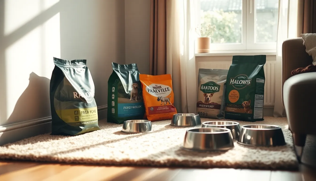 다양한 강아지 사료 종류와 사료 그릇
