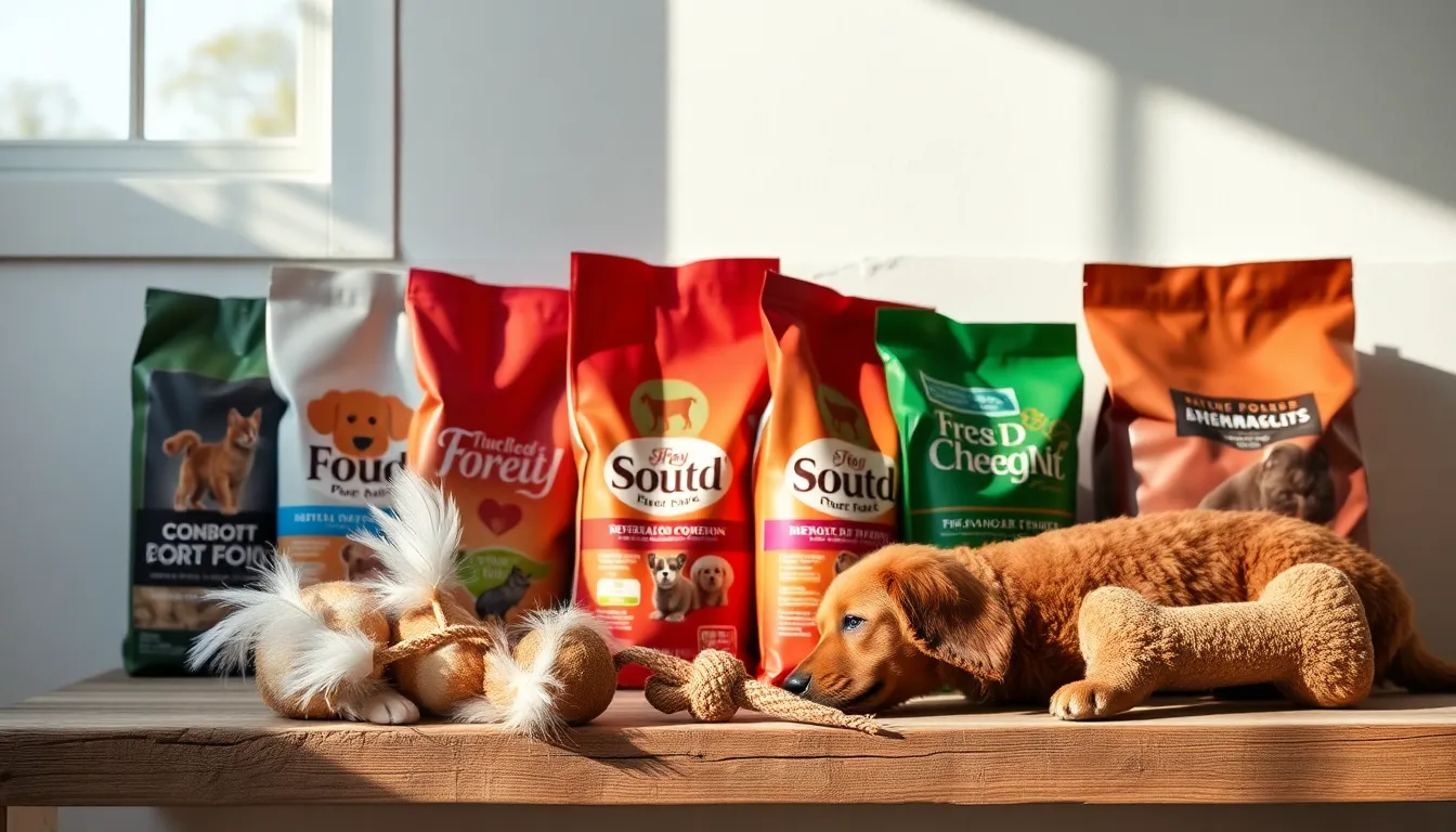 행복하게 사료를 먹는 강아지와 고양이