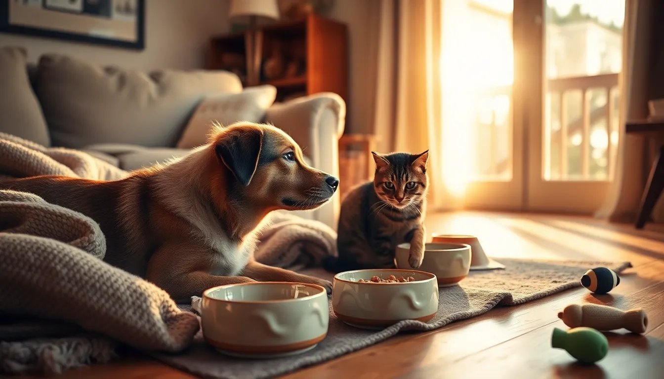 귀여운 강아지와 고양이가 함께 행복하게 사료를 먹는 모습