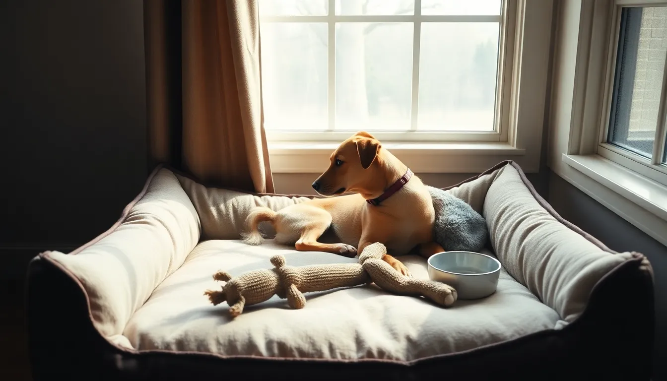 침대에 누워 보호자의 손을 잡고 있는 노령견의 모습