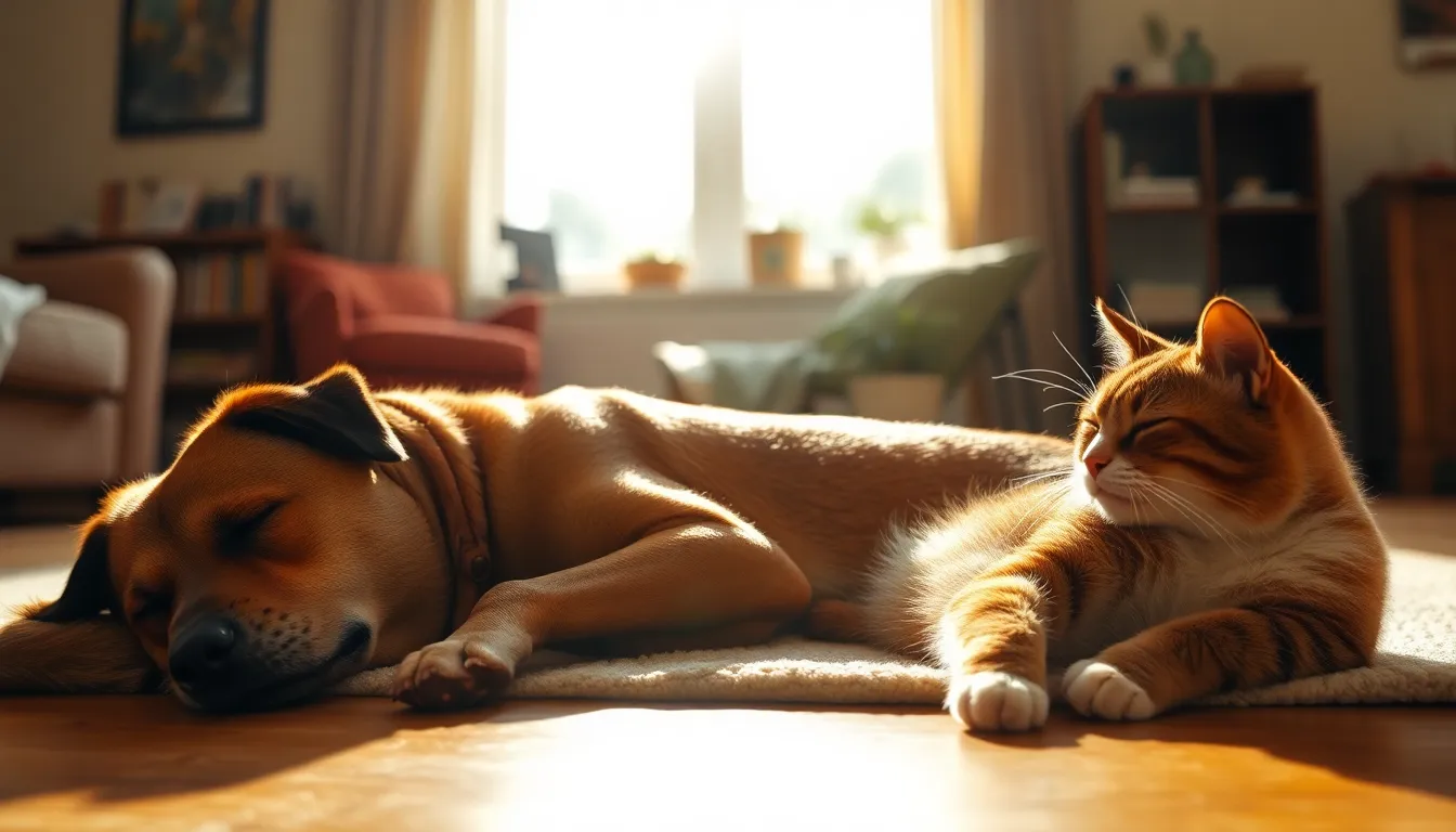 강아지와 고양이가 함께 행복하게 놀고 있는 모습