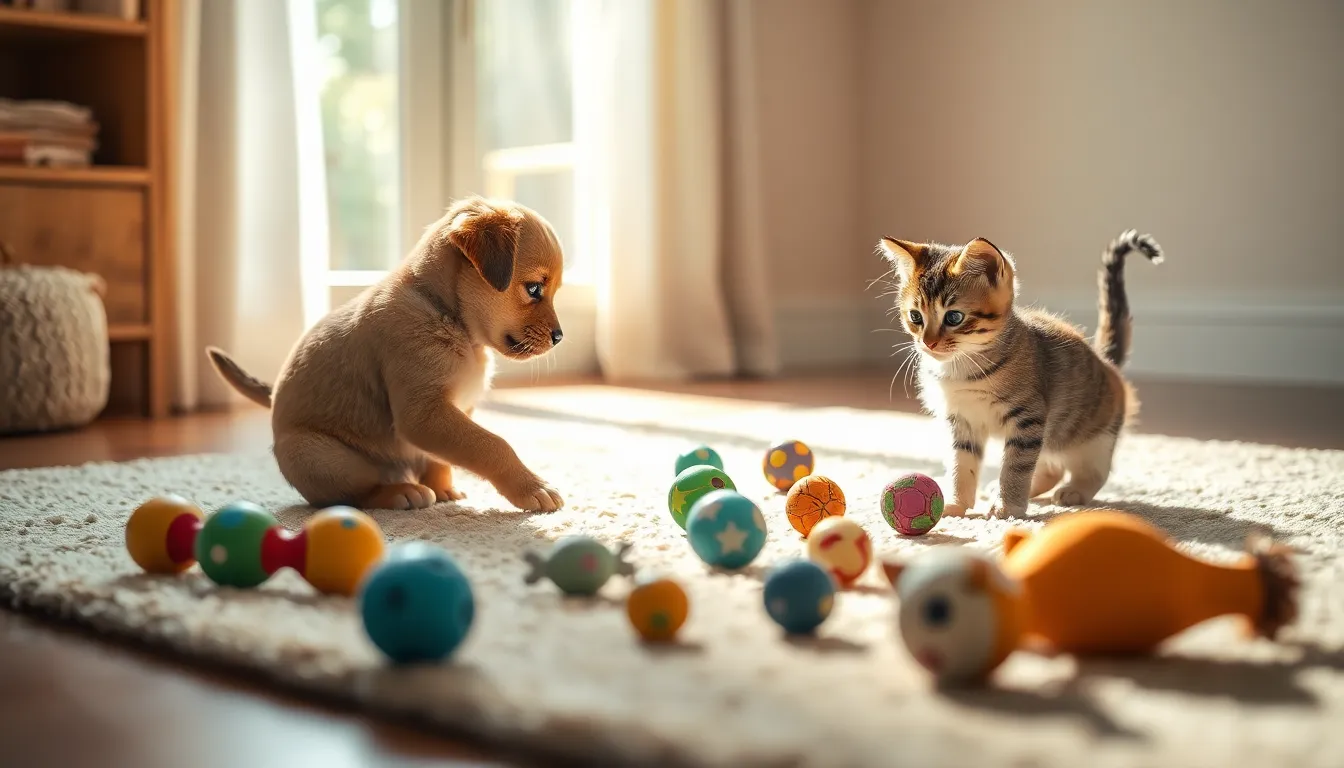 강아지와 고양이가 함께 행복하게 놀고 있는 모습