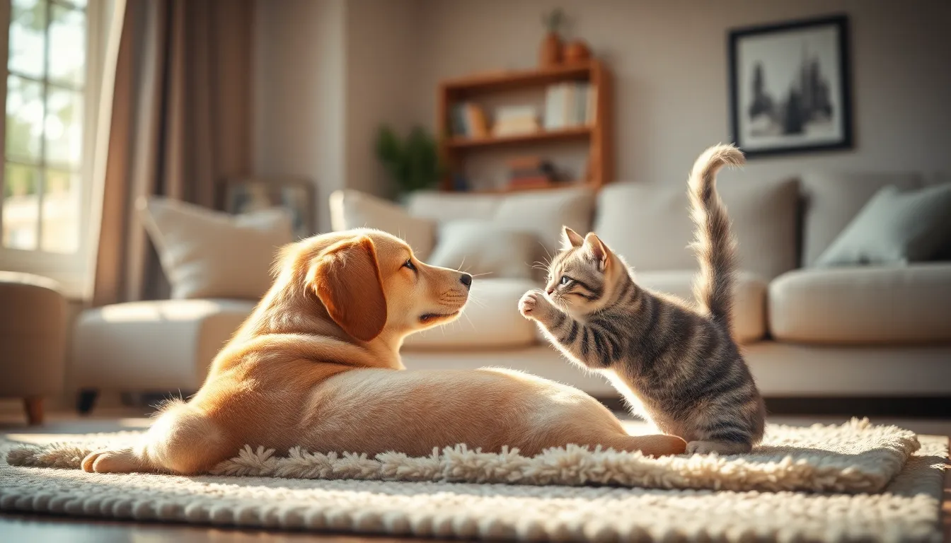 행복한 강아지와 고양이가 함께 있는 모습