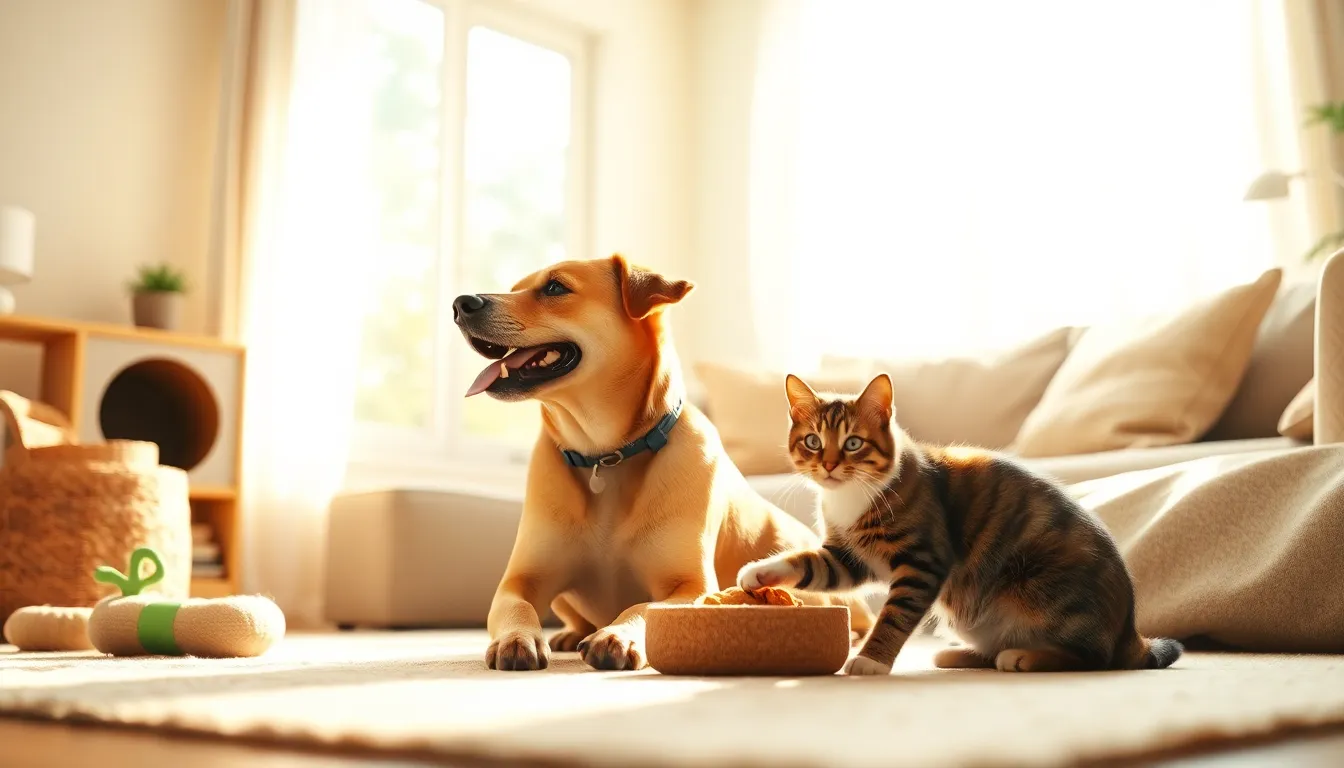 행복하게 놀고 있는 강아지와 고양이