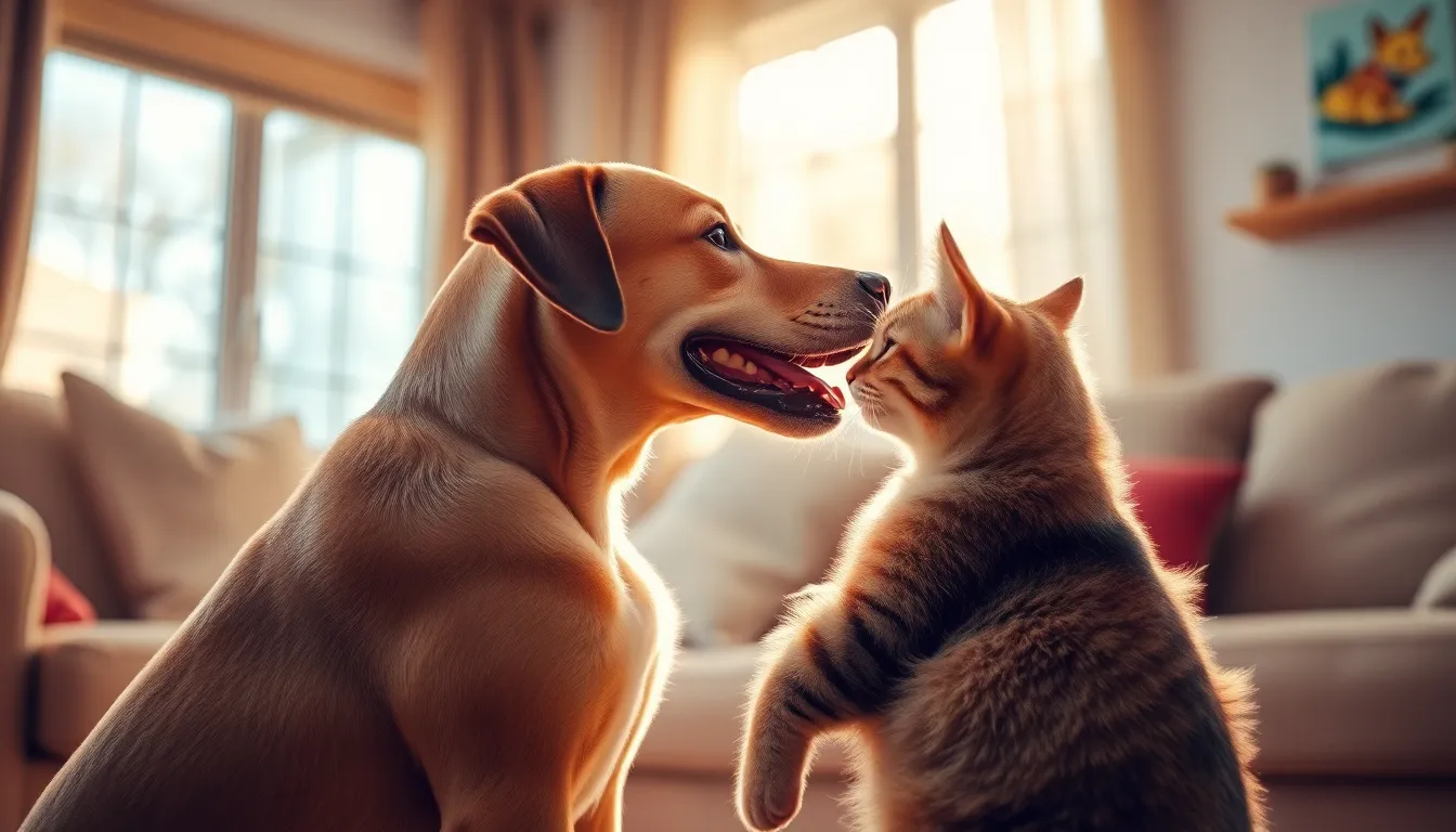 귀여운 강아지와 고양이가 함께 있는 모습