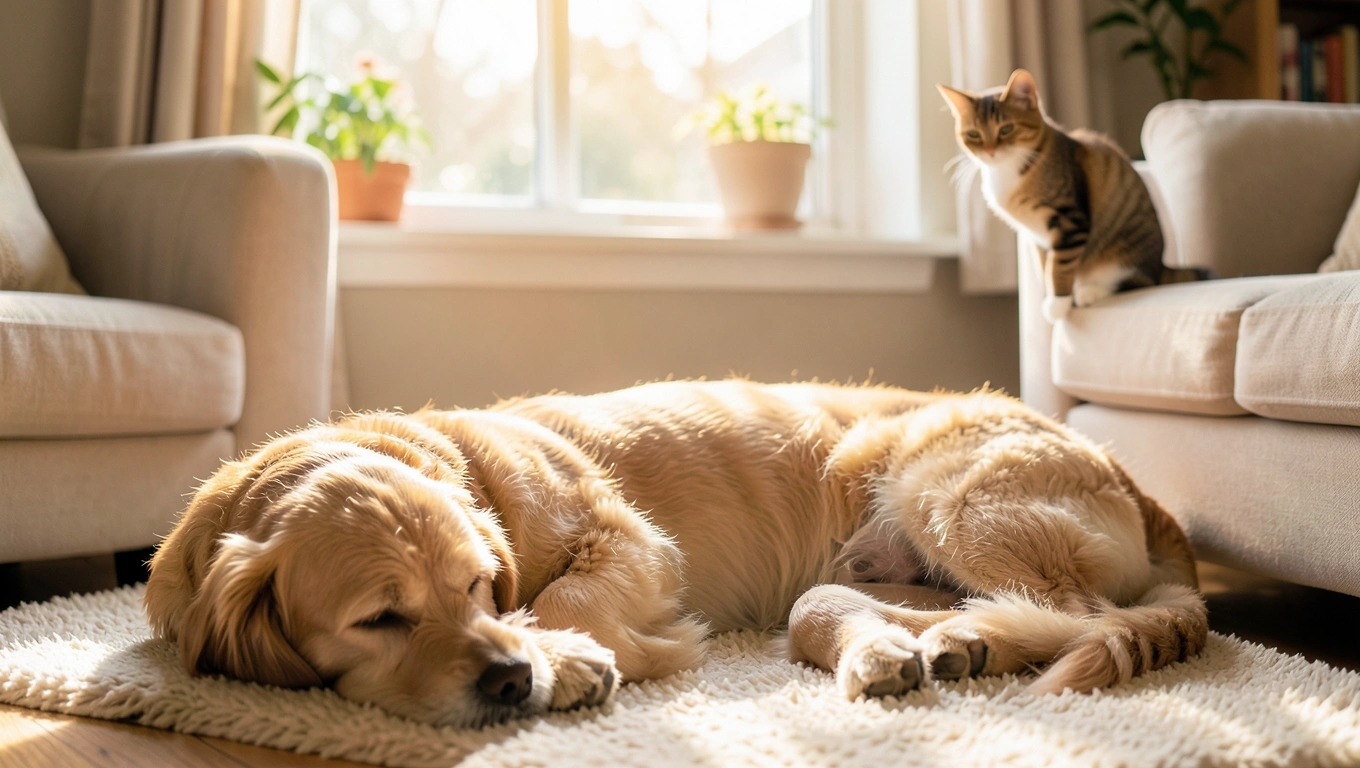 행복한 강아지와 고양이가 함께 있는 모습